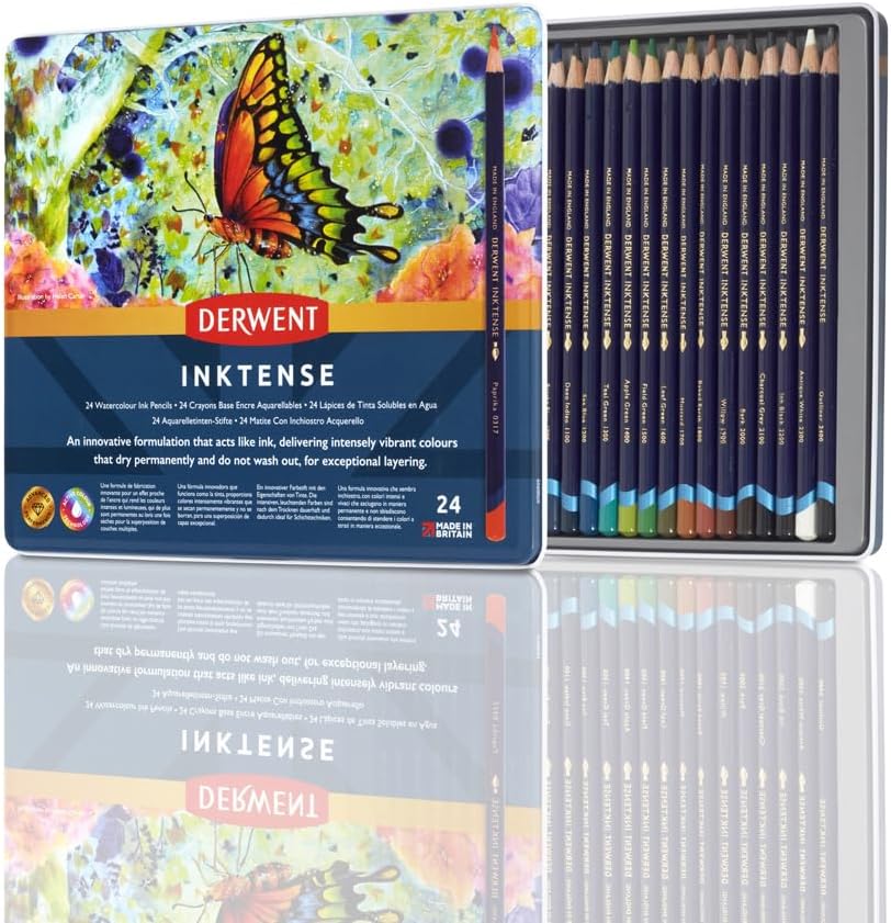 Derwent Inktense Watercolor Pencils Set, 100 Multicolor, 4mm Core, Professional Quality, Water-Soluble, Permanent, in Tin