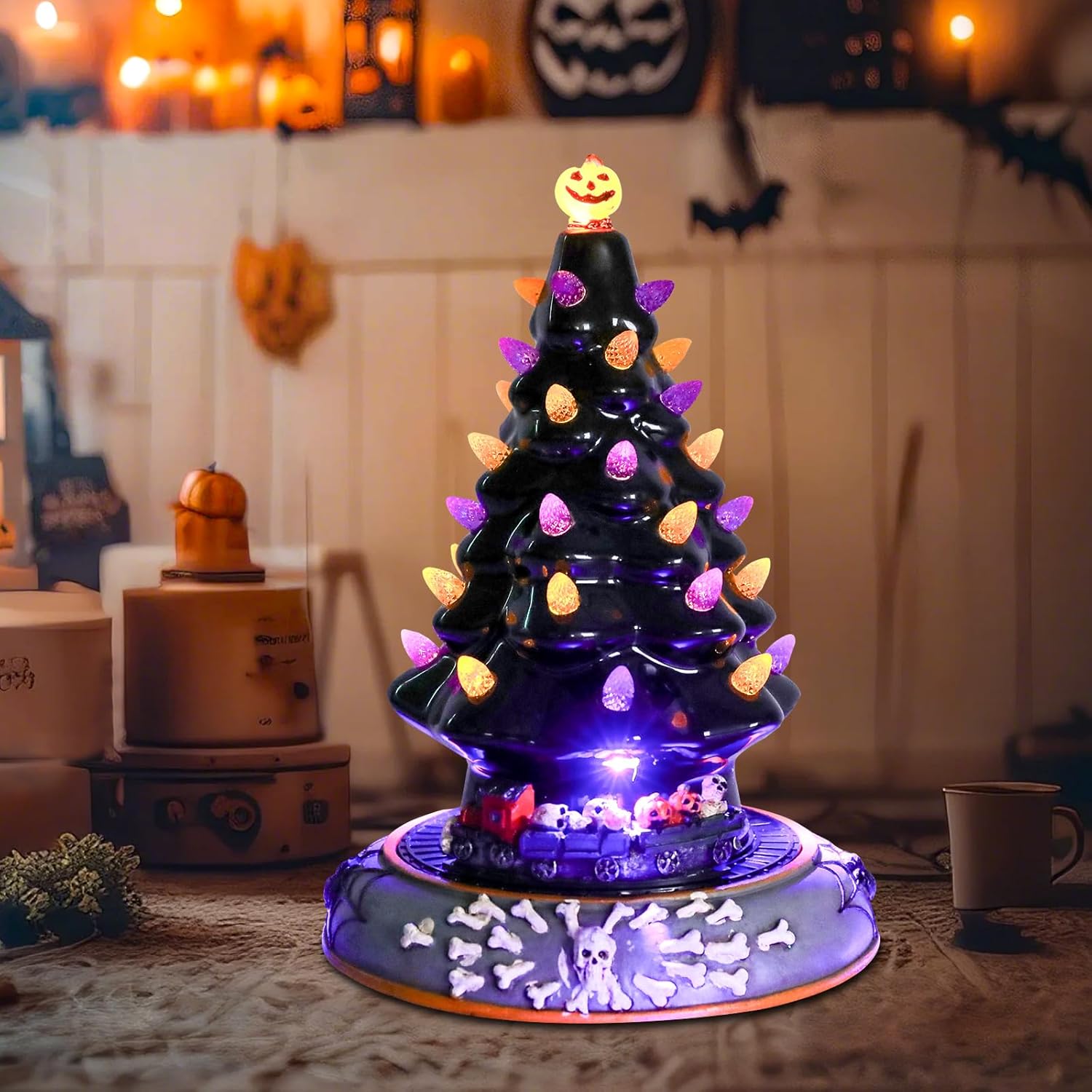 Aircity Halloween Lighted Ceramic Tree with Moving Train, LED Lights & Music, 10′′ Black Tabletop Decor