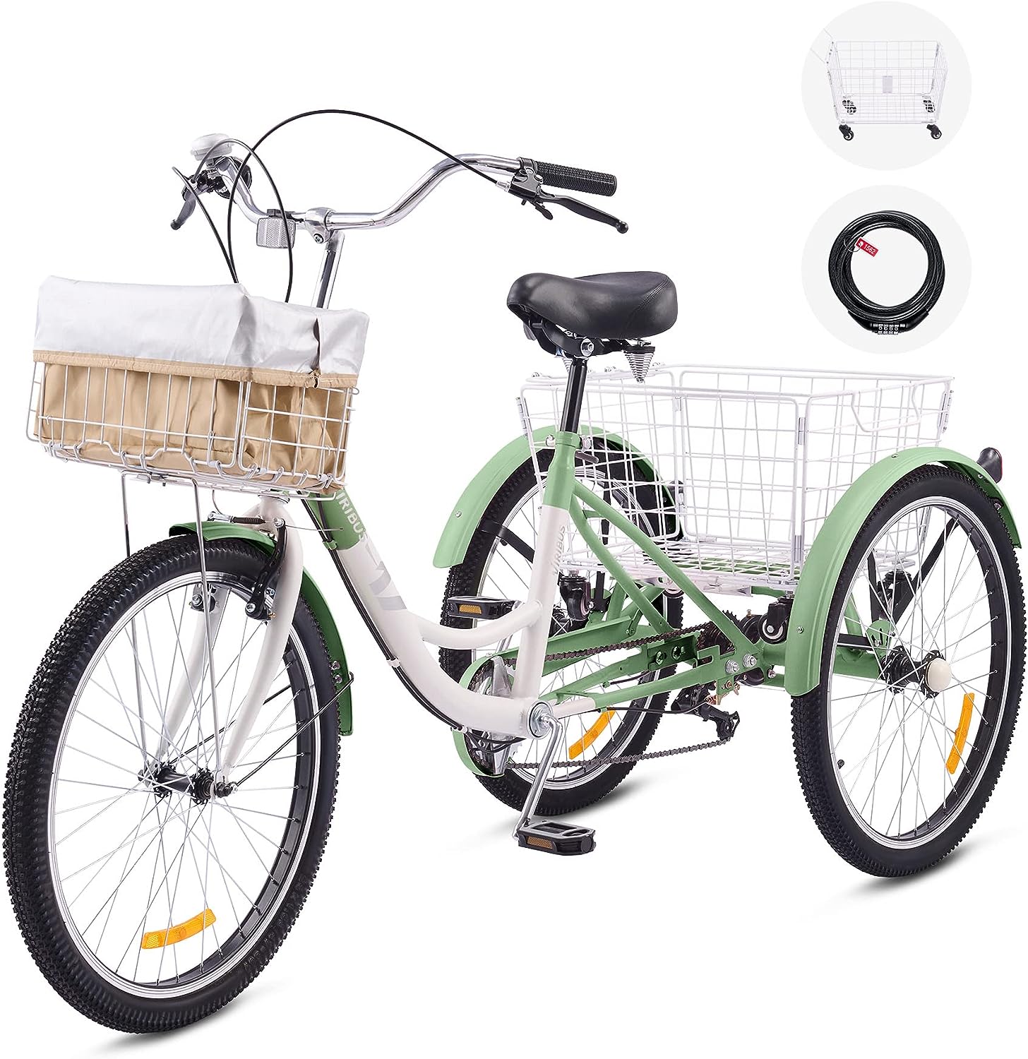 Viribus Adult Tricycle 7-Speed, 24′′ Wheels, High Carbon Steel Frame, Front & Rear Baskets, Adjustable Saddle