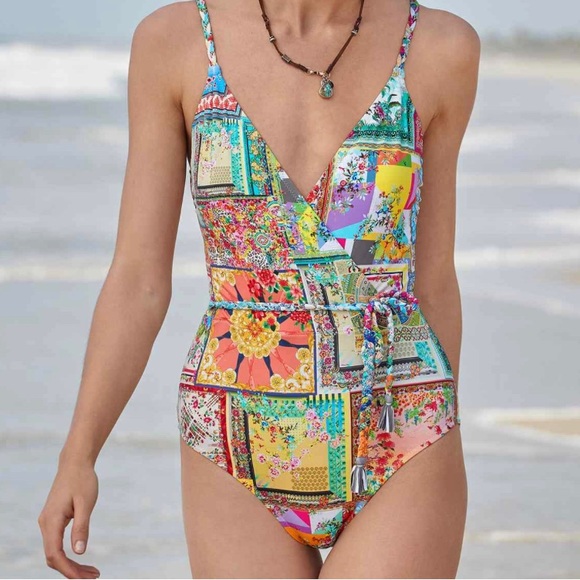 Johnny Was “Fleur Braided Wrap” patchwork print swimsuit. New with tags.
