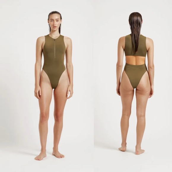 MyraSwim Olive Green One Piece Swim Swimsuit Cutout Zip Front Bathing Suit Sz XS
