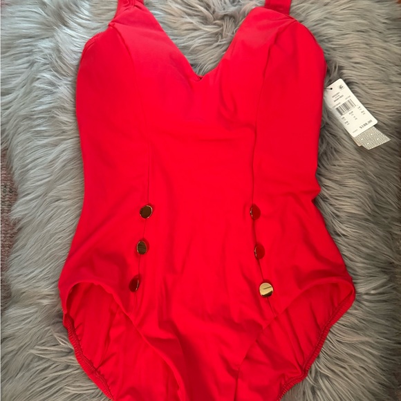 AMORESSA Discotheque Divine One Piece Bash Red Swimsuit Gold Buttons 12 / 42 NWT