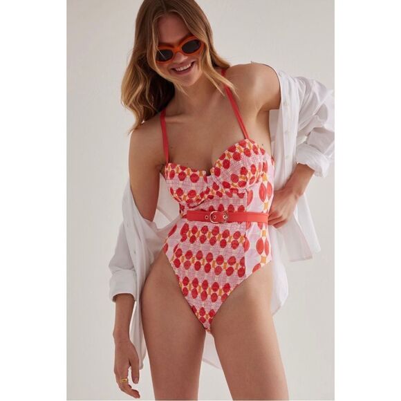 NEW Anthropologie Maeve Jodie Belted Polka Dot Smocked One-Piece Swimsuit Large