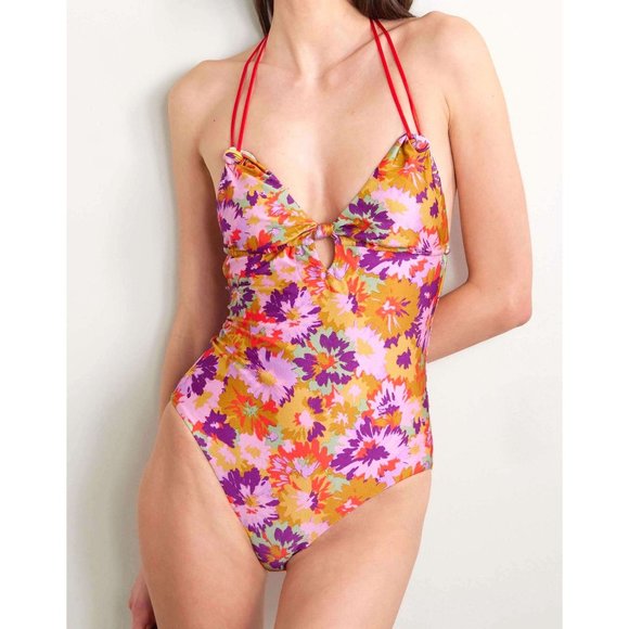 NWT Zimmermann Violet Knotted Mustard Floral One Piece Swimsuit Tie Neck Back 0