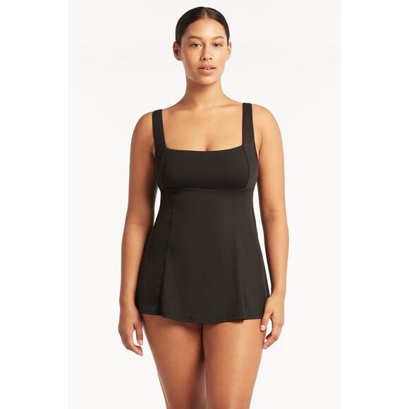 Sea Level Eco Essentials Square Neck Tummy Control Swim Dress Black Size 14 NWT