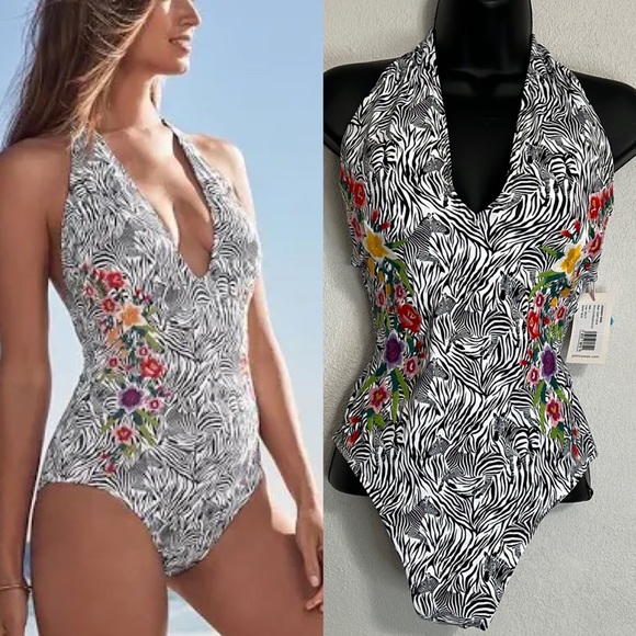 NWT Johnny Was Spring Halter Embroidered One Piece Swim Suit Size M and L