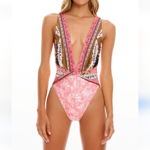 NWT Agua Bendita Ellis Antiq Plunge One-Piece Swimsuit Womens L Multicolor Artsy