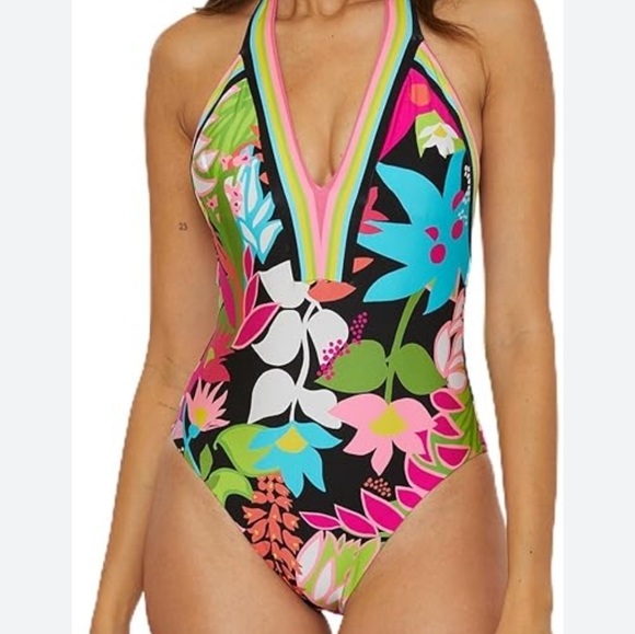 Trina Turk Size 12 Tiki Plunge V Neck Vibrant One Piece Swimsuit Halter Floral
