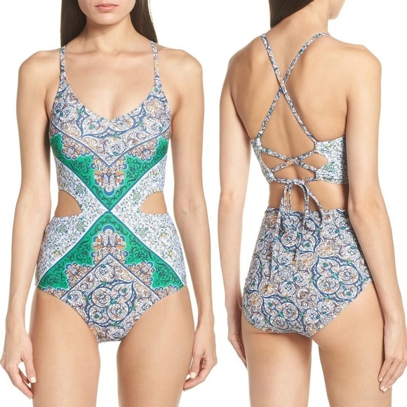 Tory Burch Womens Mixed Print Cut Out One Piece Strappy Swim Suit Size M