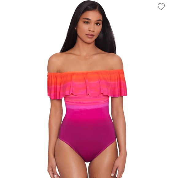 Ralph Lauren Lauren Dip Dye Ruffle Off the Shoulder One Piece Swimsuit.