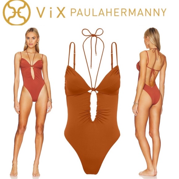 NEW ViX by Paula Hermanny Mag Halter One-Piece Swimsuit in Camel Size Medium