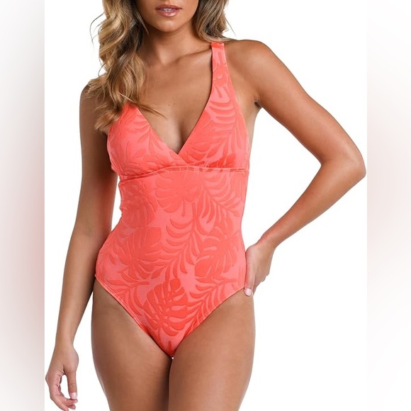La Blanca Women's Multi Strap Cross Back One Piece Swimsuit Coral/Island Palm 4