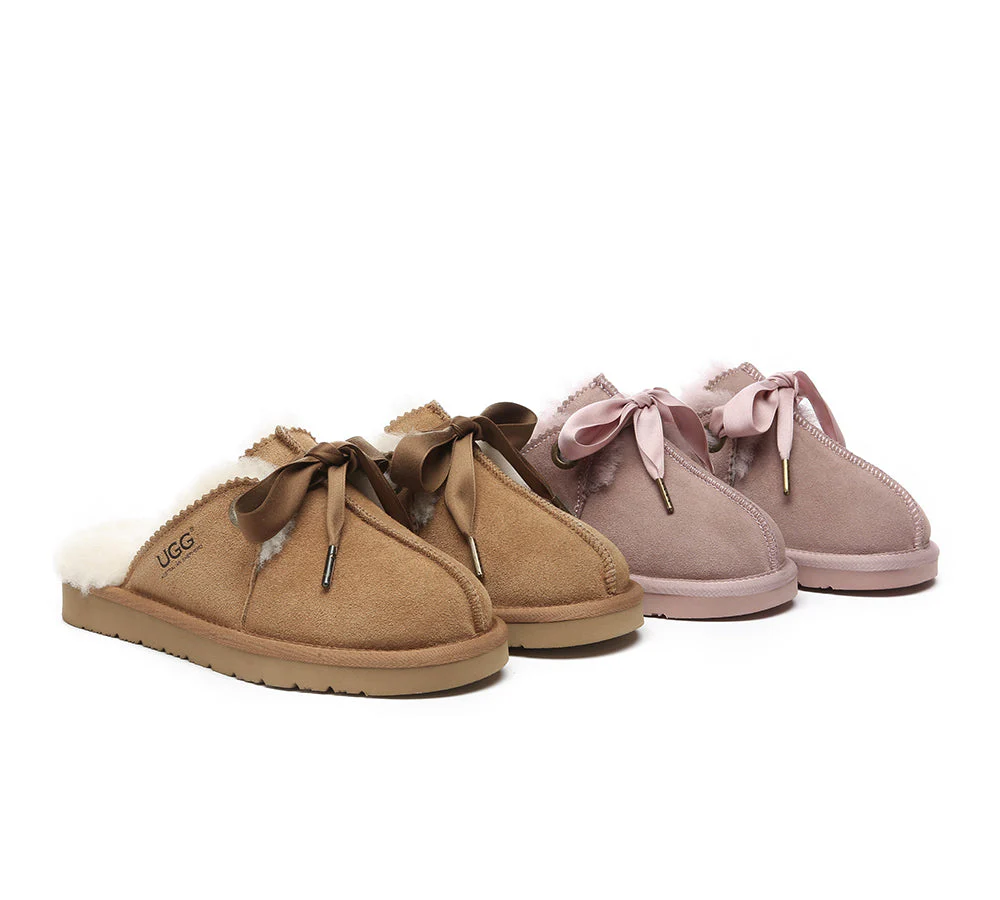 australian shepherd ugg slippers women sheepskin wool adjustable ribbon bow ruby