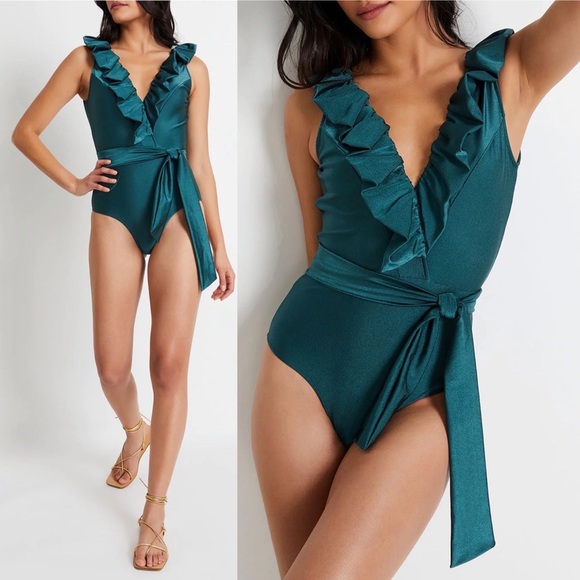 NWT $350 PatBO Plunge Ruffle One-Piece Swimsuit in Palace Green Size Small