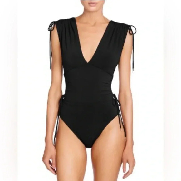 Robin Piccone Women's Aubrey V-Plunge One Piece Swimsuit Black Size 14