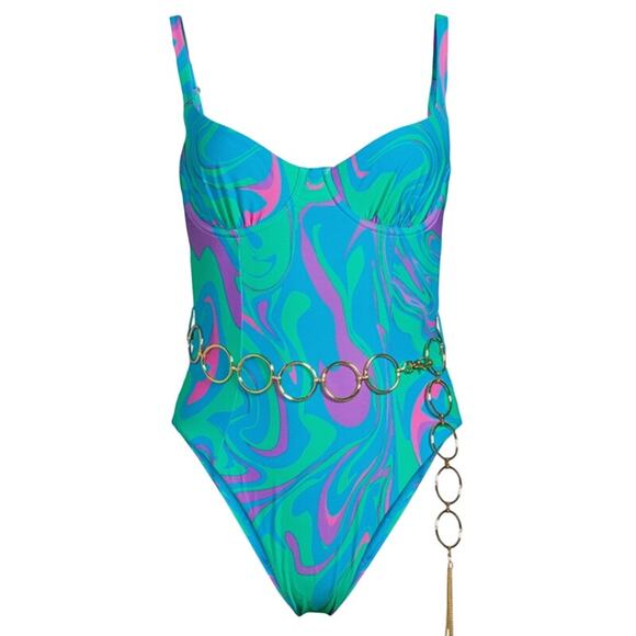 NWT WeWoreWhat Danielle 3.0 One Piece Women's Size XL Paradise Marble Ocean Blue
