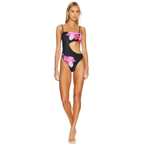 Maaj Revolve One Piece Swimsuit Bite Shark Hawaii Floral Tropical Black Pink S