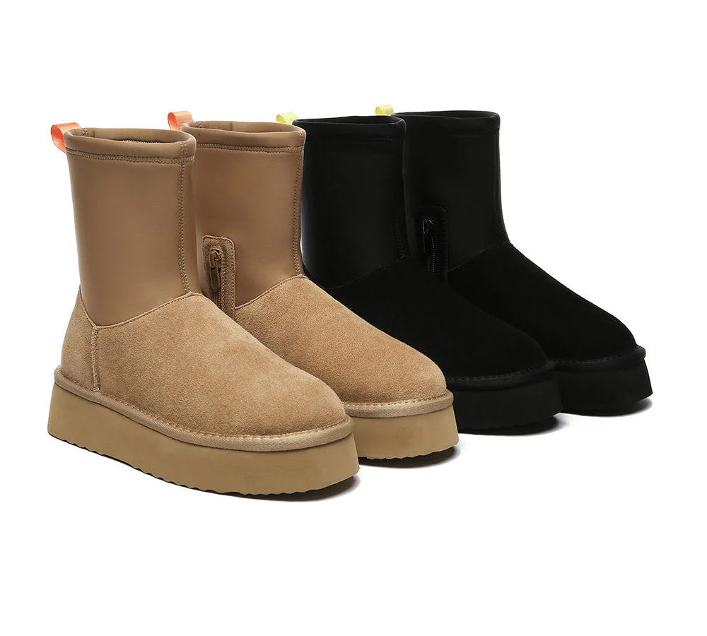 ugg everau ugg boots women sheepskin wool zipper decor stretchy mid calf platform ethel