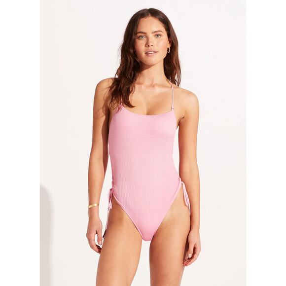 Seafolly Sea Dive Scoop Neck Drawstring Side One Piece US SIZE 12 NWT