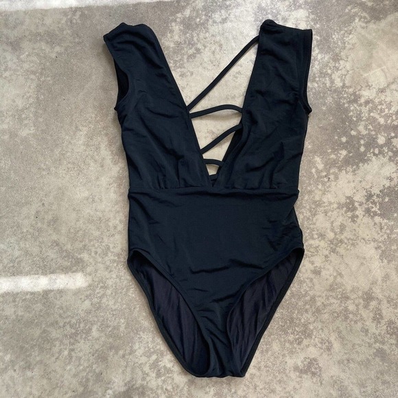 Beth Richards Design One Piece Bathing Suit Black Womens Size Small Deep V Neck