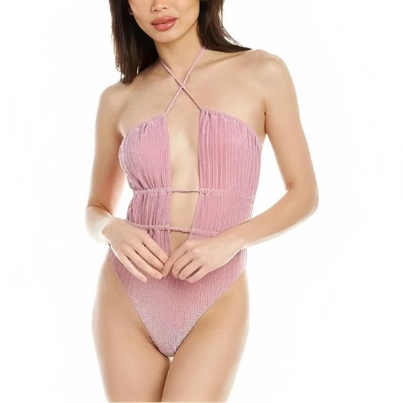 Ramy Brook Marta Pink Glitter Shimmer One Piece Halter Swimsuit Medium Strapless