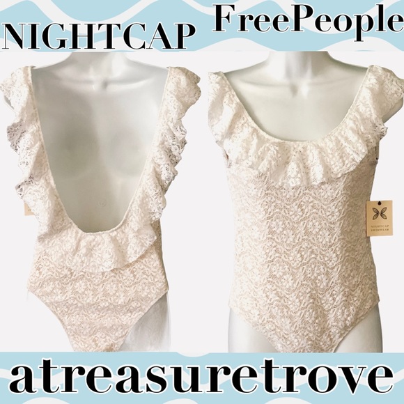 NIGHTCAP x Free People Hanalei M 8/10 Ivory Lace Ruffled 1-Piece Maillot Swim