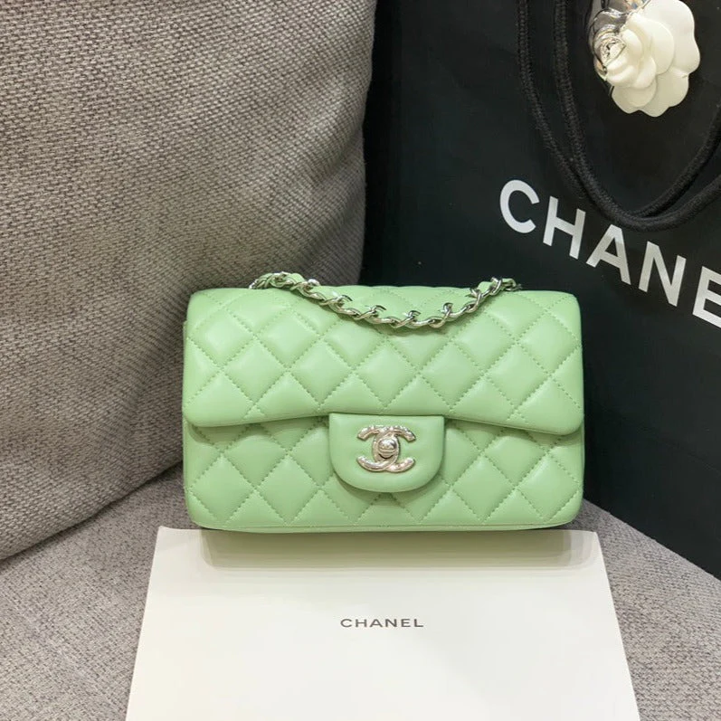 CHANEL MINI RECTANGLE FLAP BAG 20CM LIME LAMBSKIN SILVER HARDWARE