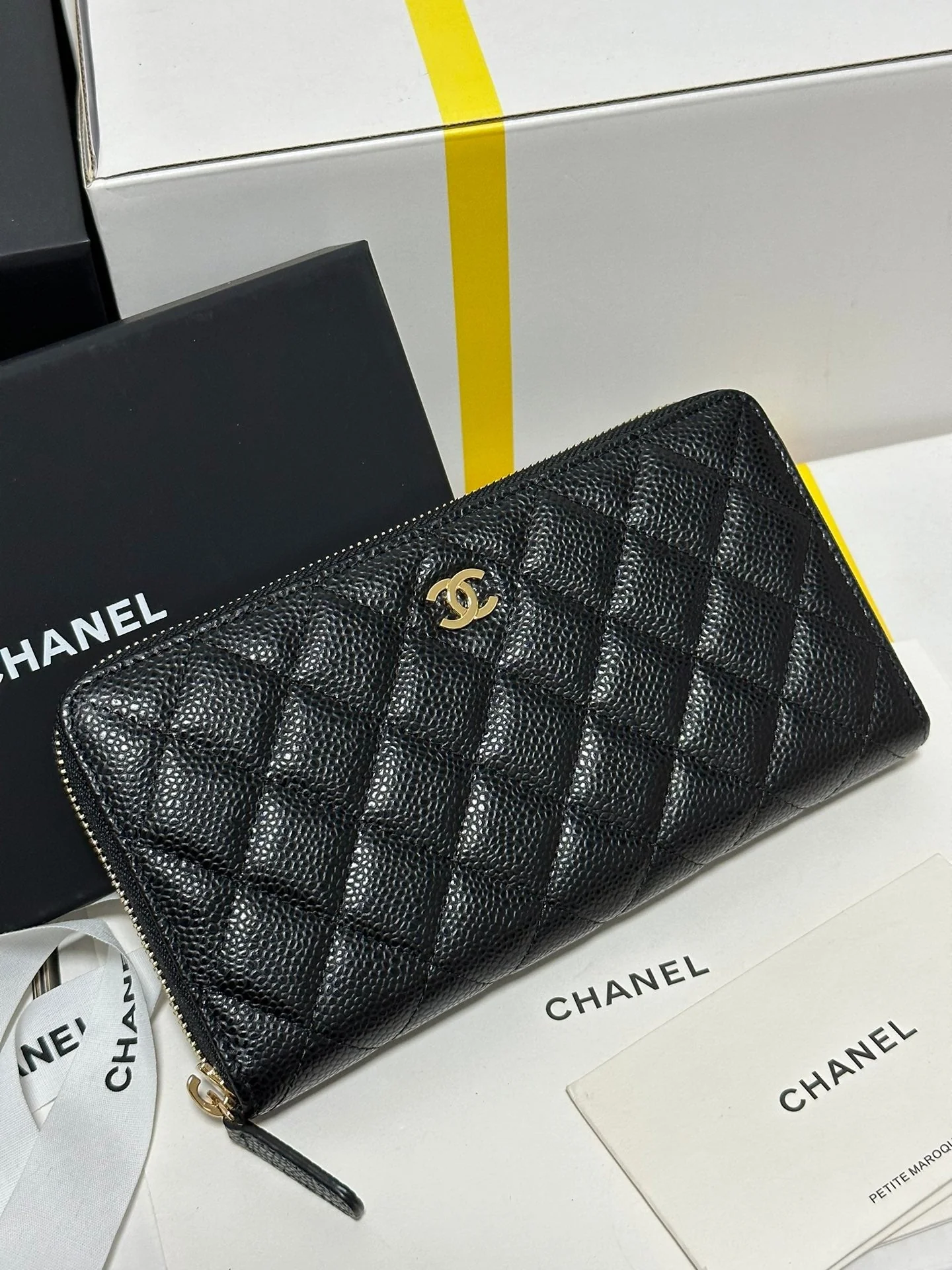 CHANEL Long Zipped Wallet Black Quilted Caviar Gold Buckle 243681