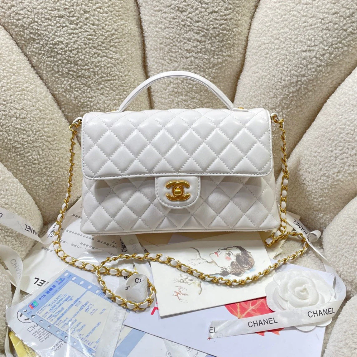 CHANEL 25P Medium Flap Bag 25cm Top Handle Cream Calfskin Gold Hardware