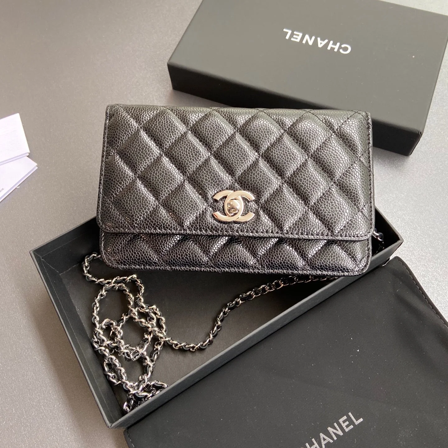CHANEL Wallet On Chain 20cm Black Caviar Leather Light Gold Hardware 240162