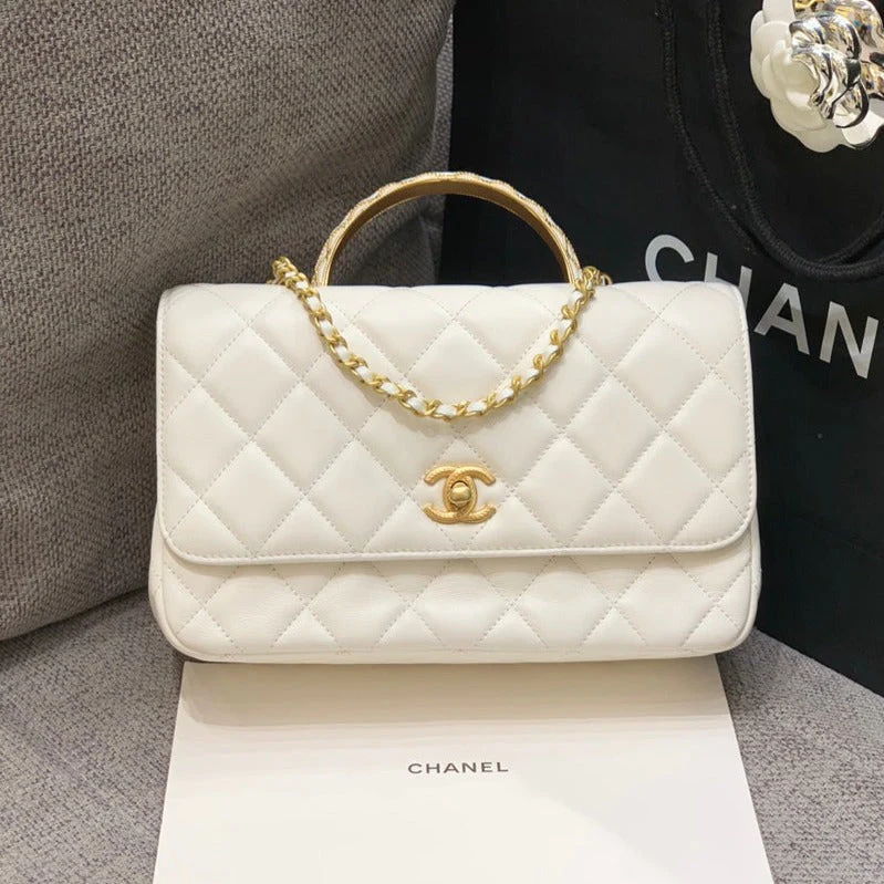 CHANEL SMALL FLAP BAG 24CM TOP HANDLE WHITE LAMBSKIN GOLD HARDWARE
