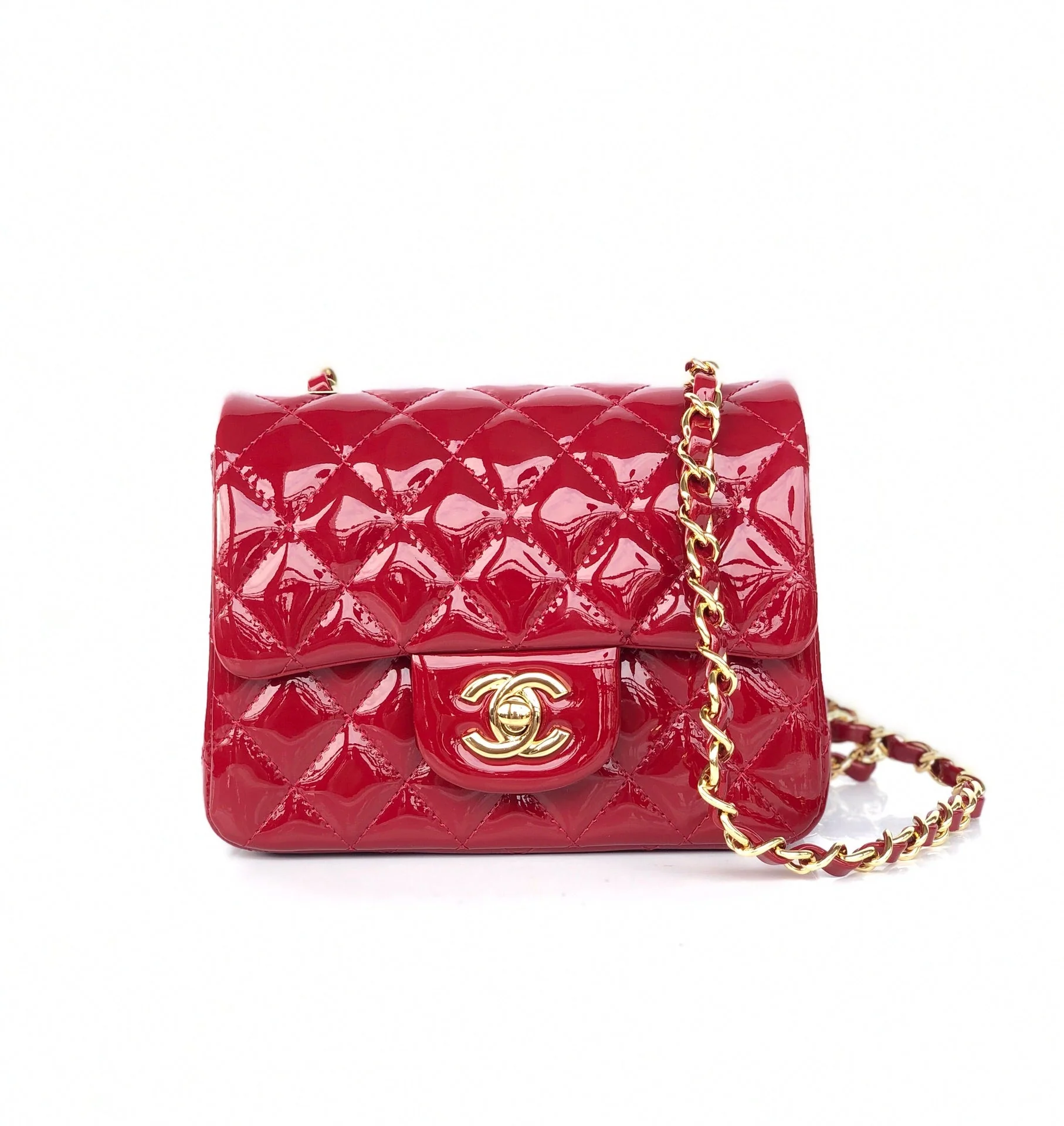CHANEL MINI SQUARE FLAP BAG 17CM RED PATENT CALFSKIN GOLD HARDWARE