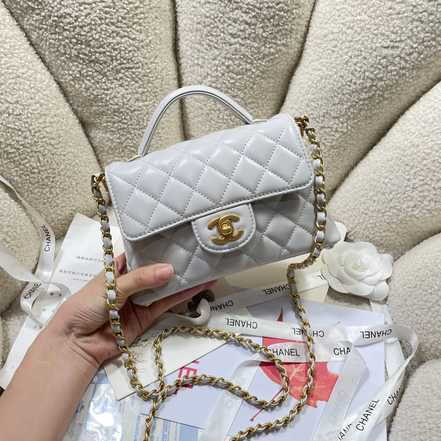 CHANEL 25P Mini Flap Bag 20cm Top Handle Grey Calfskin Gold Hardware