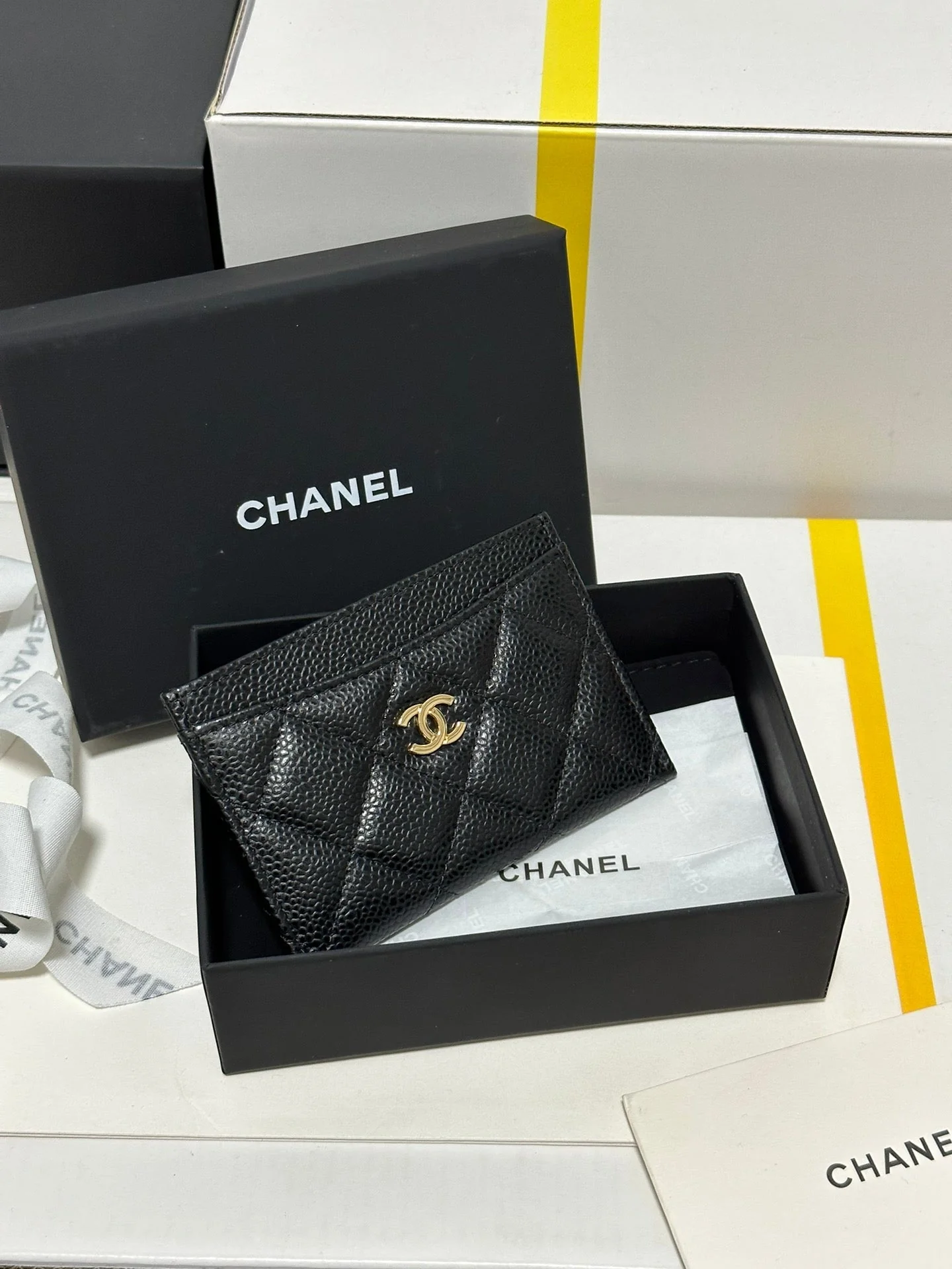 CHANEL Classic Card Holder Black Quilted Caviar Gold Buckle 243696