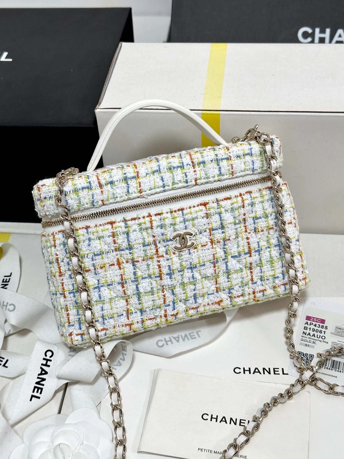 CHANEL 25C Vanity Case 19.5cm Multicolor Tweed Light Gold Hardware