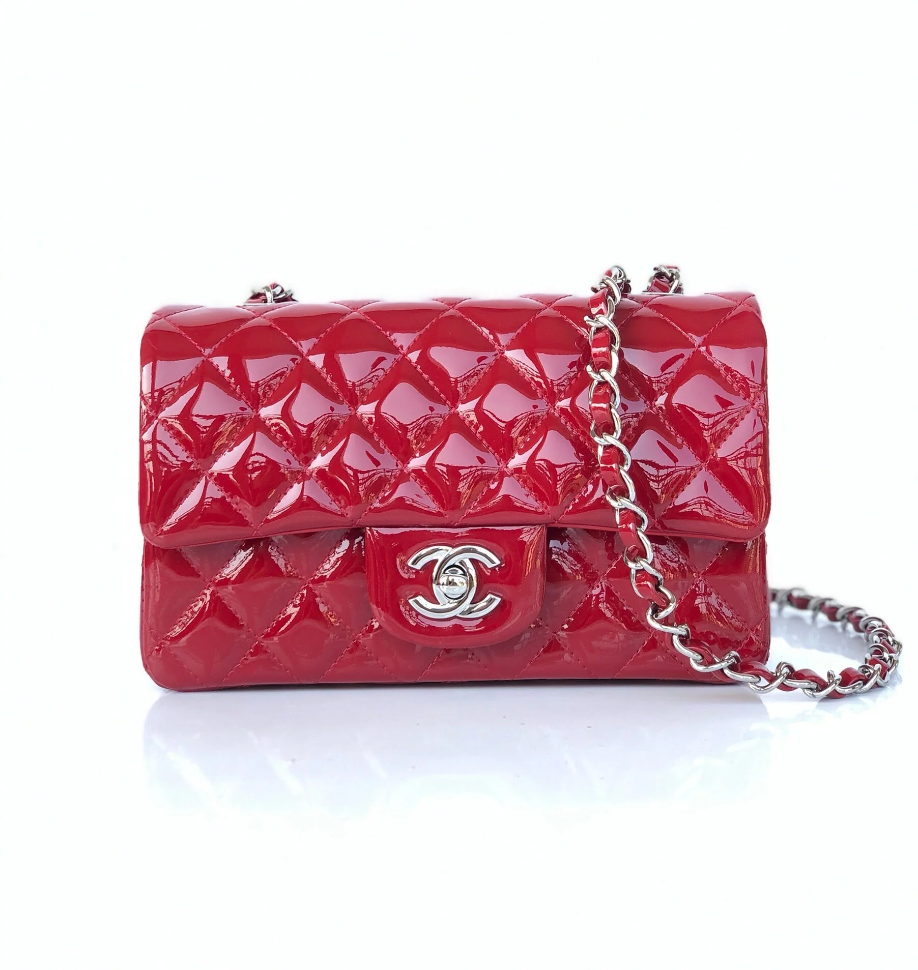 CHANEL MINI RECTANGLE FLAP BAG 20CM RED PATENT CALFSKIN SILVER HARDWARE