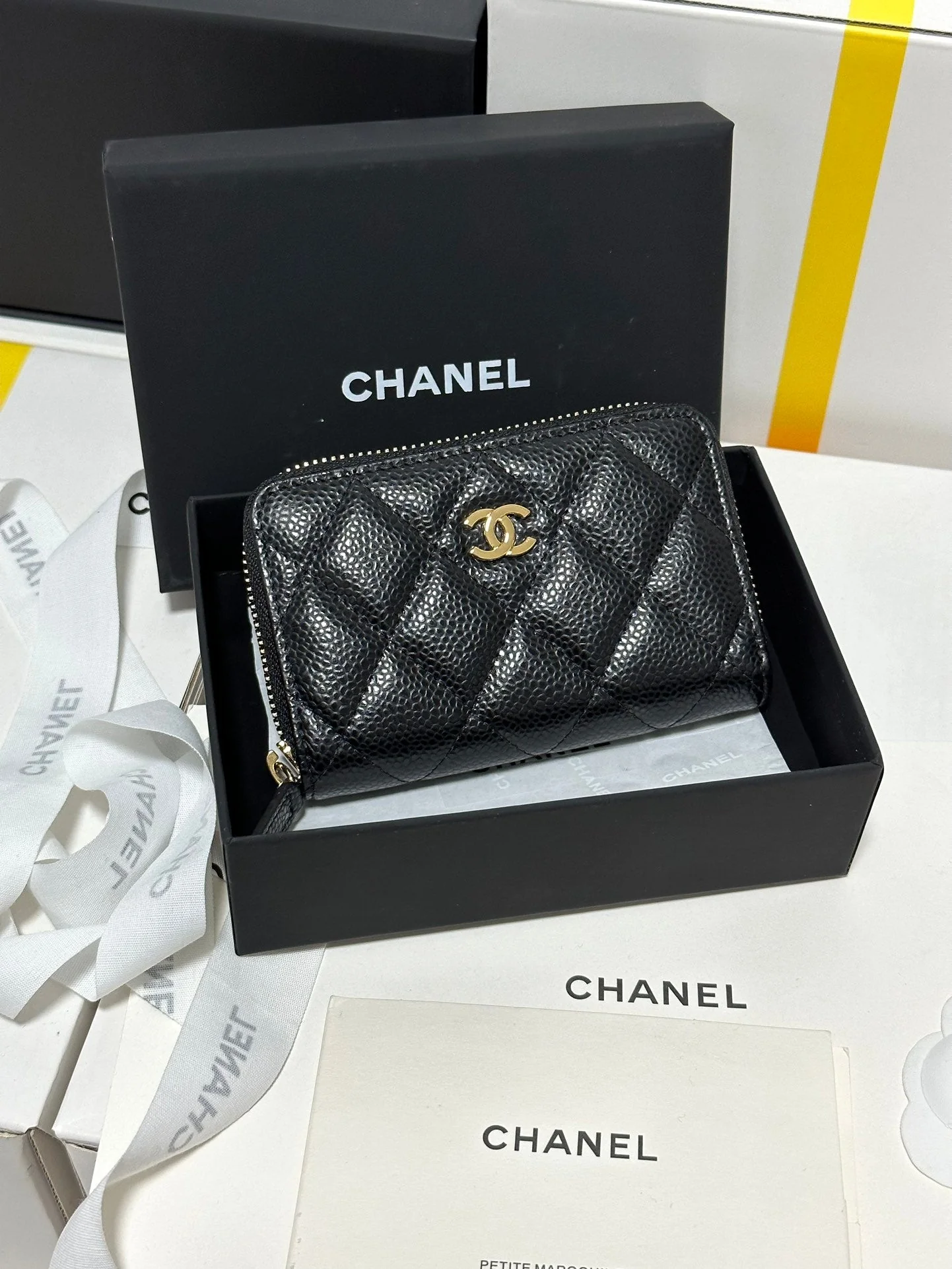 CHANEL Classic Zipped Coin Purse Black Quilted Caviar Gold Buckle 243691