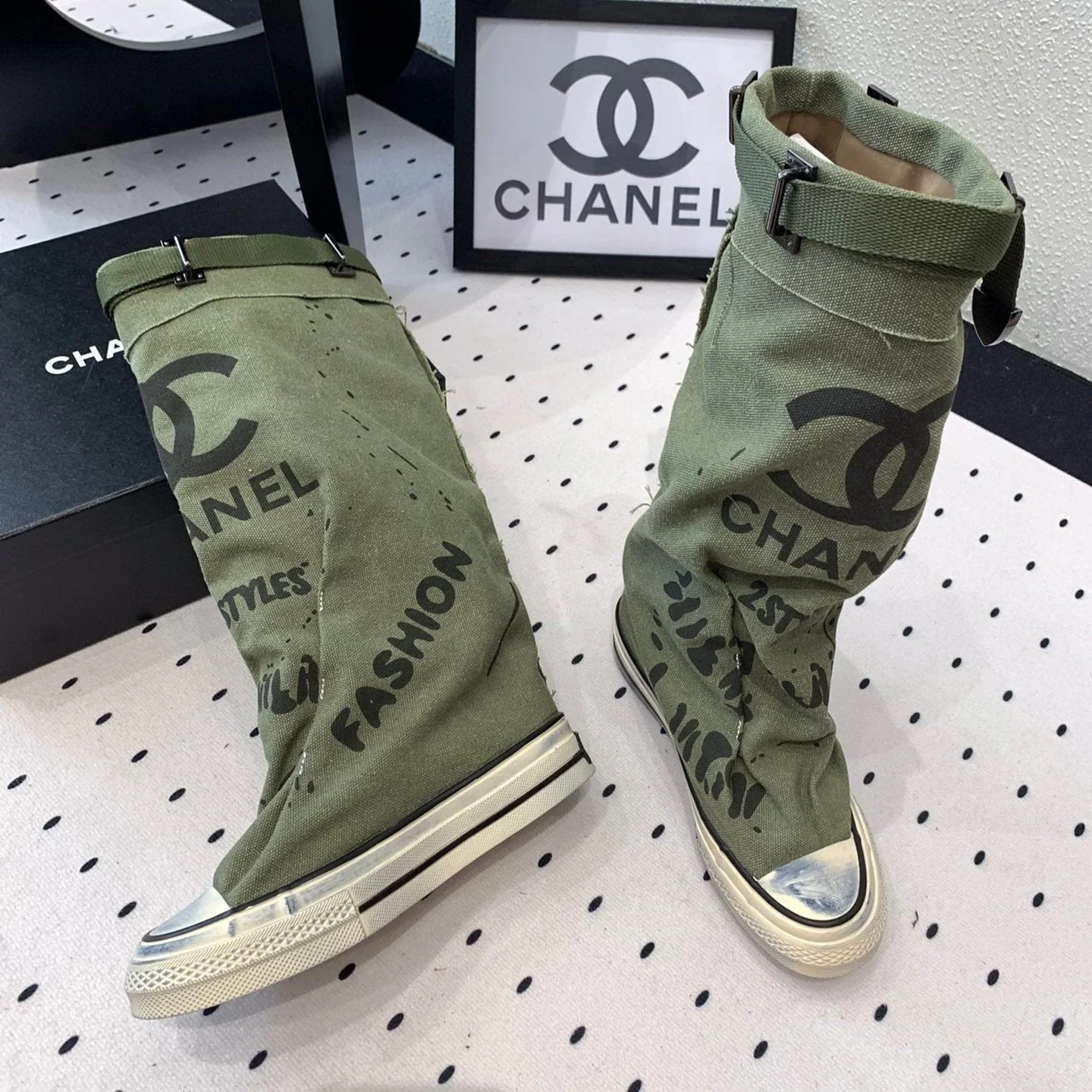 CHANEL High-Top Canvas Boots Khaki Green Black Denim Fabric 938051