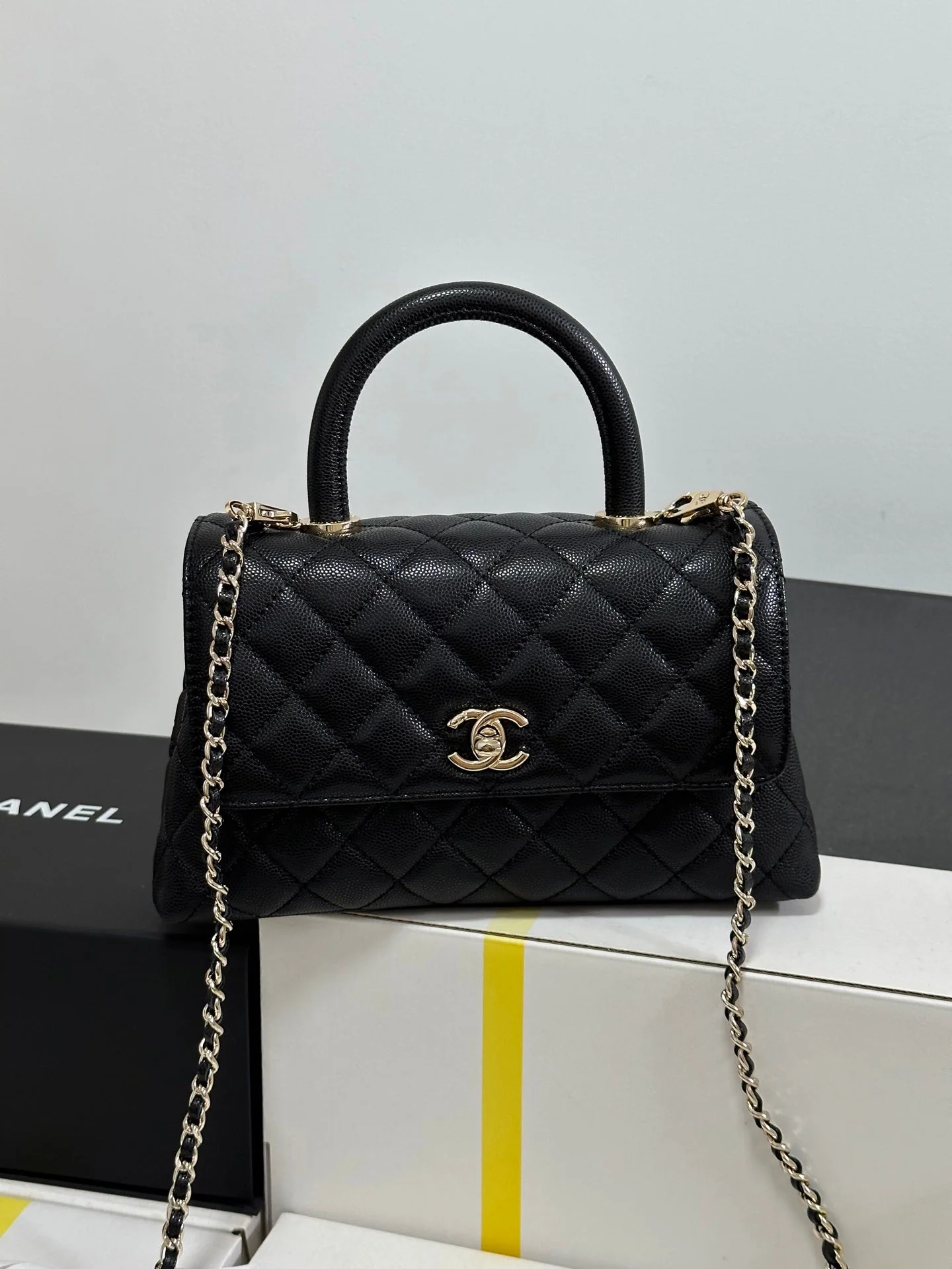 CHANEL Coco Handle Flap Bag 24 Black Quilted Caviar Light Gold Hardware 243475