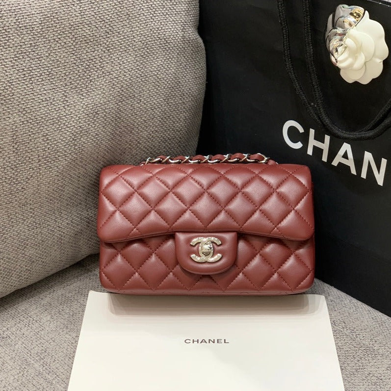 CHANEL MINI RECTANGLE FLAP BAG 20CM BURGUNDY LAMBSKIN SILVER HARDWARE