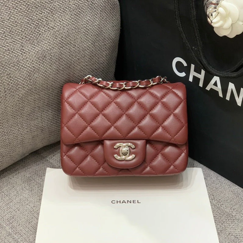 CHANEL MINI SQUARE FLAP BAG 17CM BURGUNDY LAMBSKIN SILVER HARDWARE