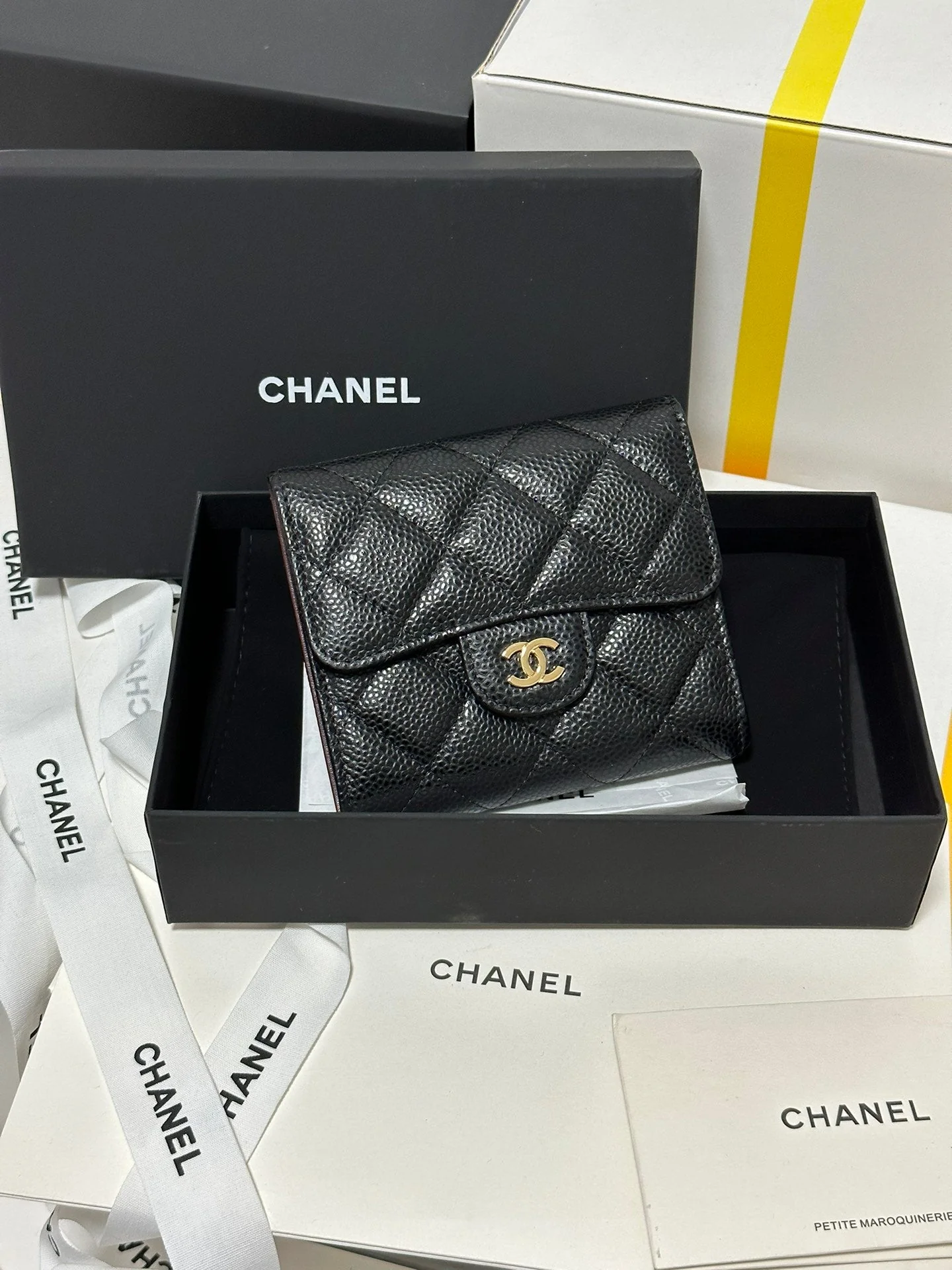 CHANEL CClassic Small Flap Wallet Black Quilted Caviar Gold Buckle 243686