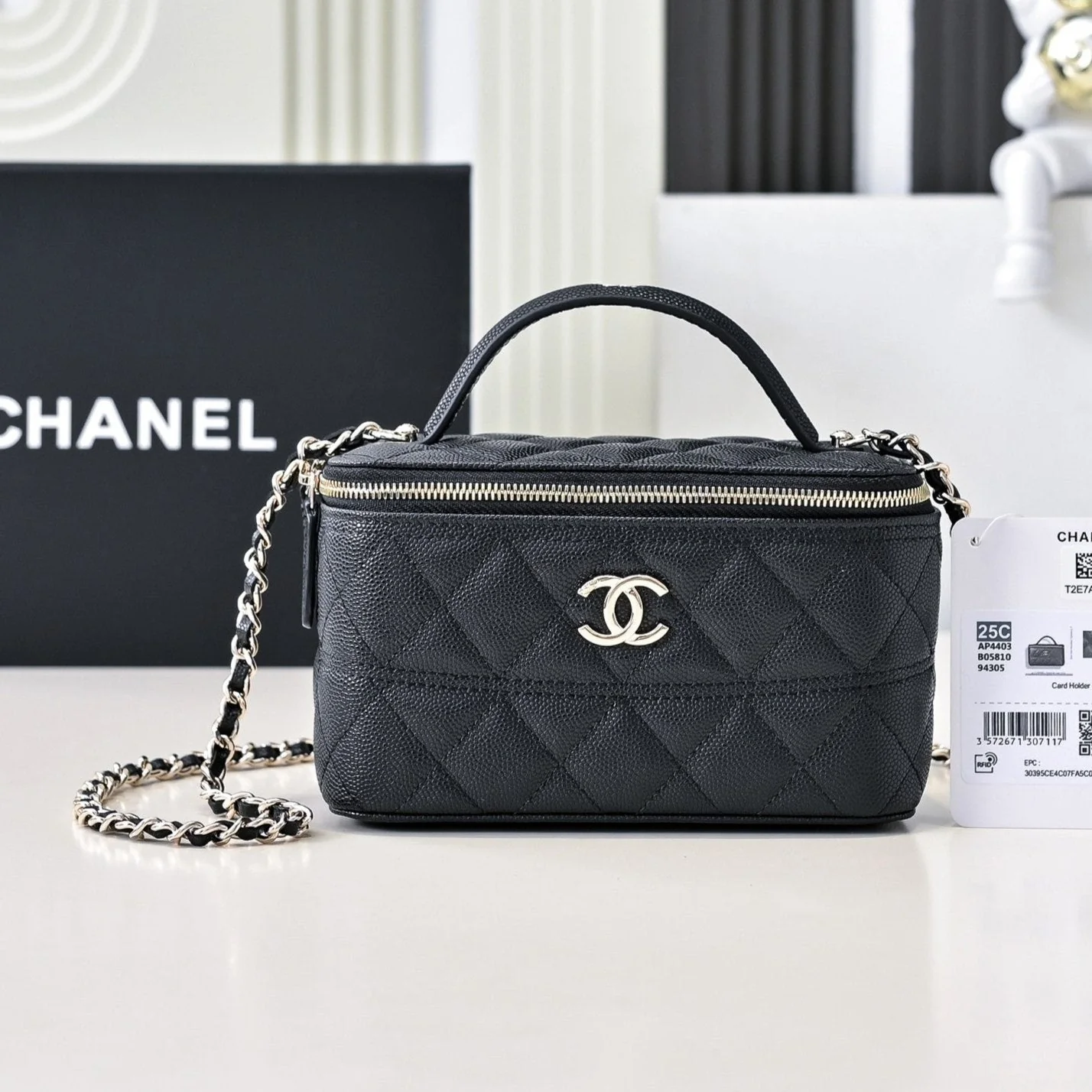 CHANEL 25C Vanity Top Handle 17cm Black Grained Calfskin Light Gold Hardware