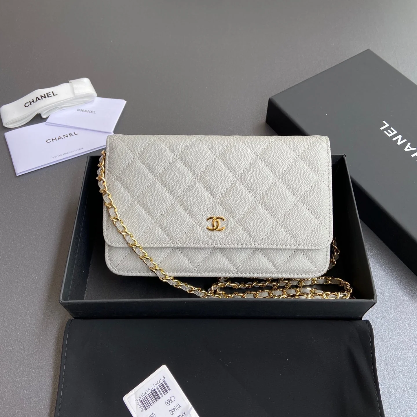 CHANEL Wallet On Chain 20cm White Caviar Leather Gold Hardware 240157