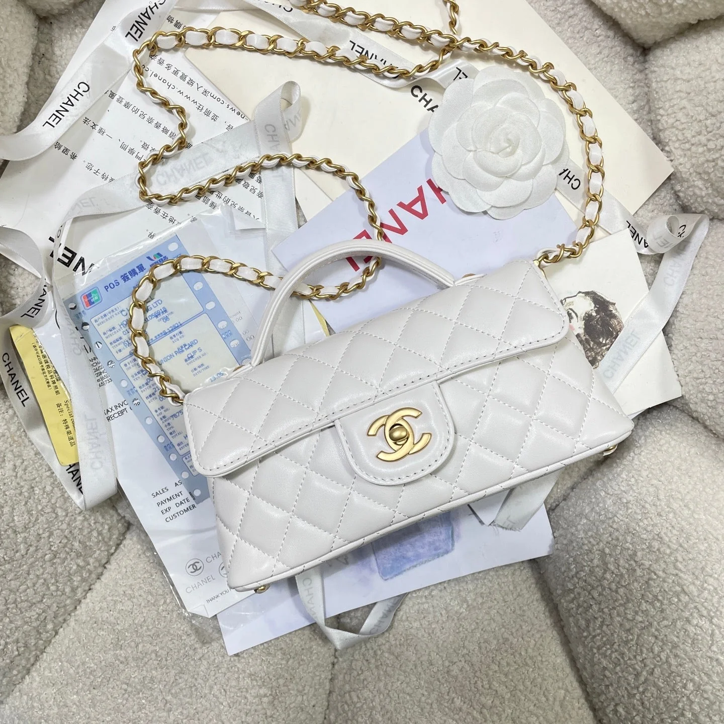 CHANEL 25P Mini Flap Bag 22cm Top Handle Cream Calfskin Gold Hardware