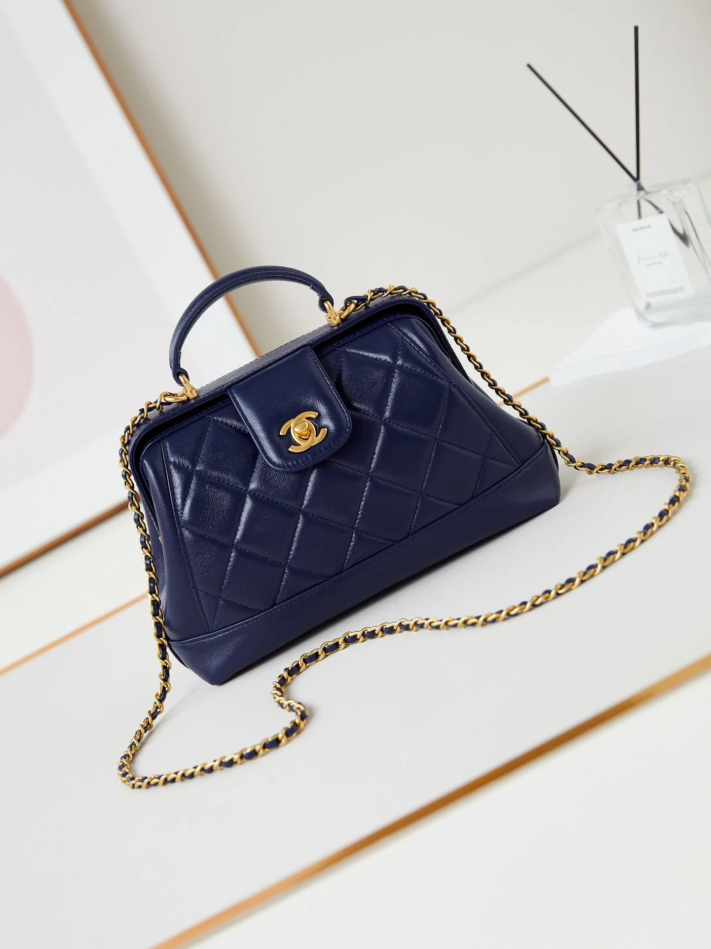 CHANEL 24A Top Handle 23.5cm Night Blue Wax Leather Gold Hardware 238473