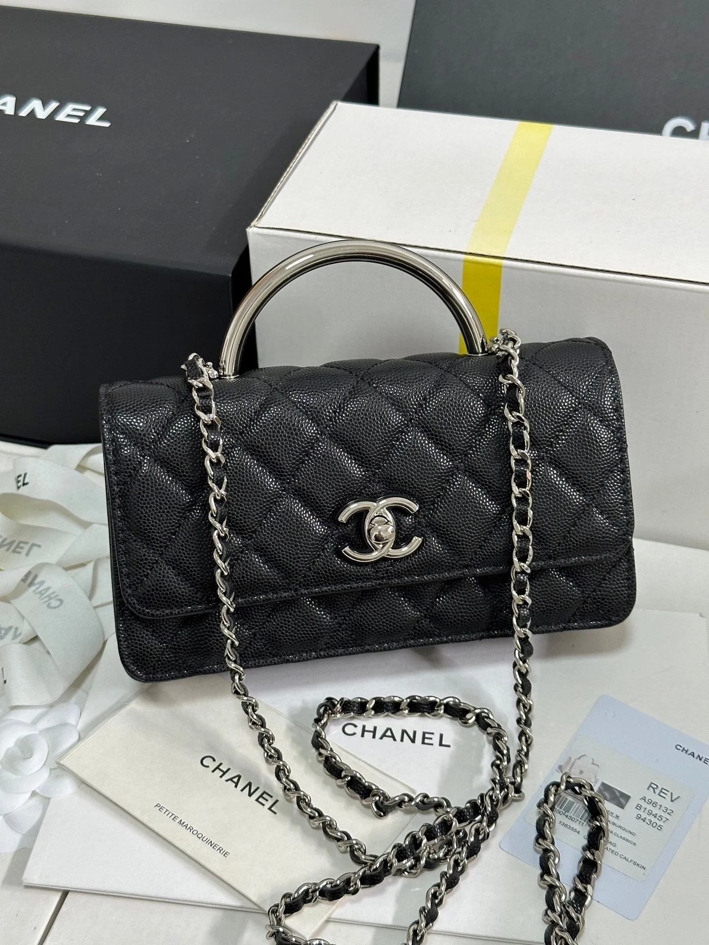 CHANEL 25P Wallet Woc Handle 17cm Black Leather Silver Hardware 243445