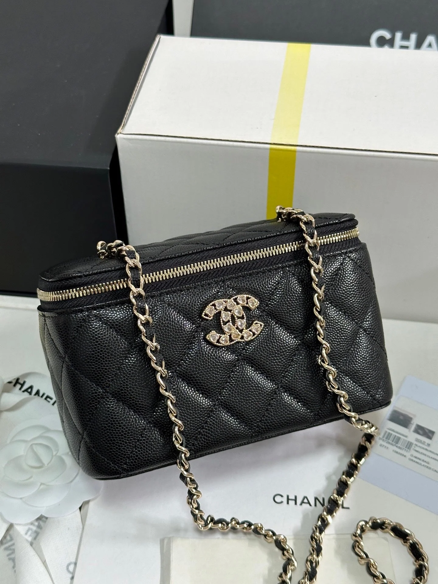 CHANEL 25C Vanity Case 17cm Black Caviar Leather Heart Rhinestone Light Gold Hardware 243427