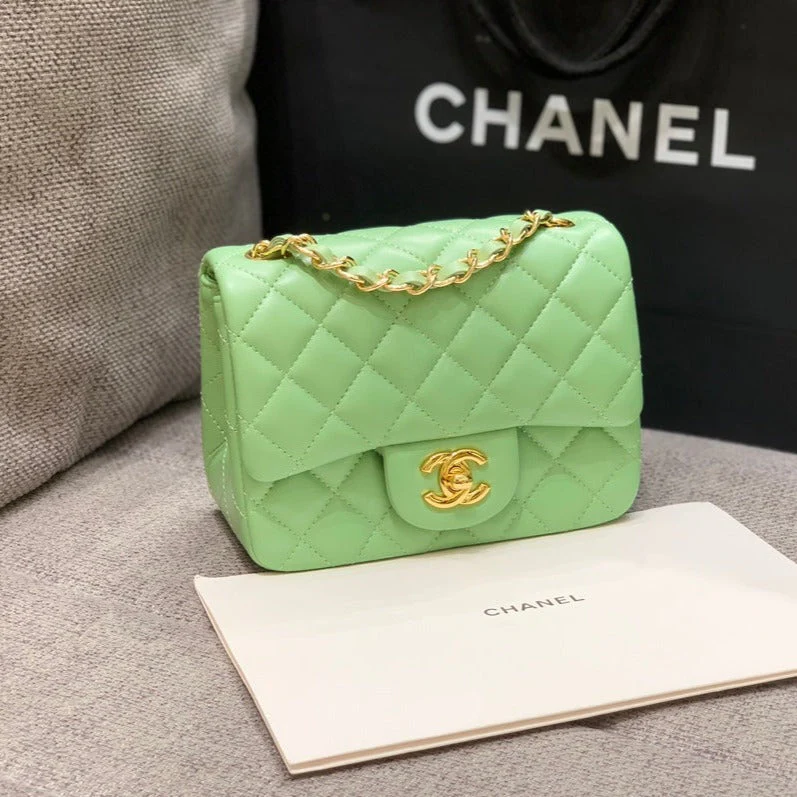 CHANEL MINI SQUARE FLAP BAG 17CM LIGHT GREEN LAMBSKIN GOLD HARDWARE