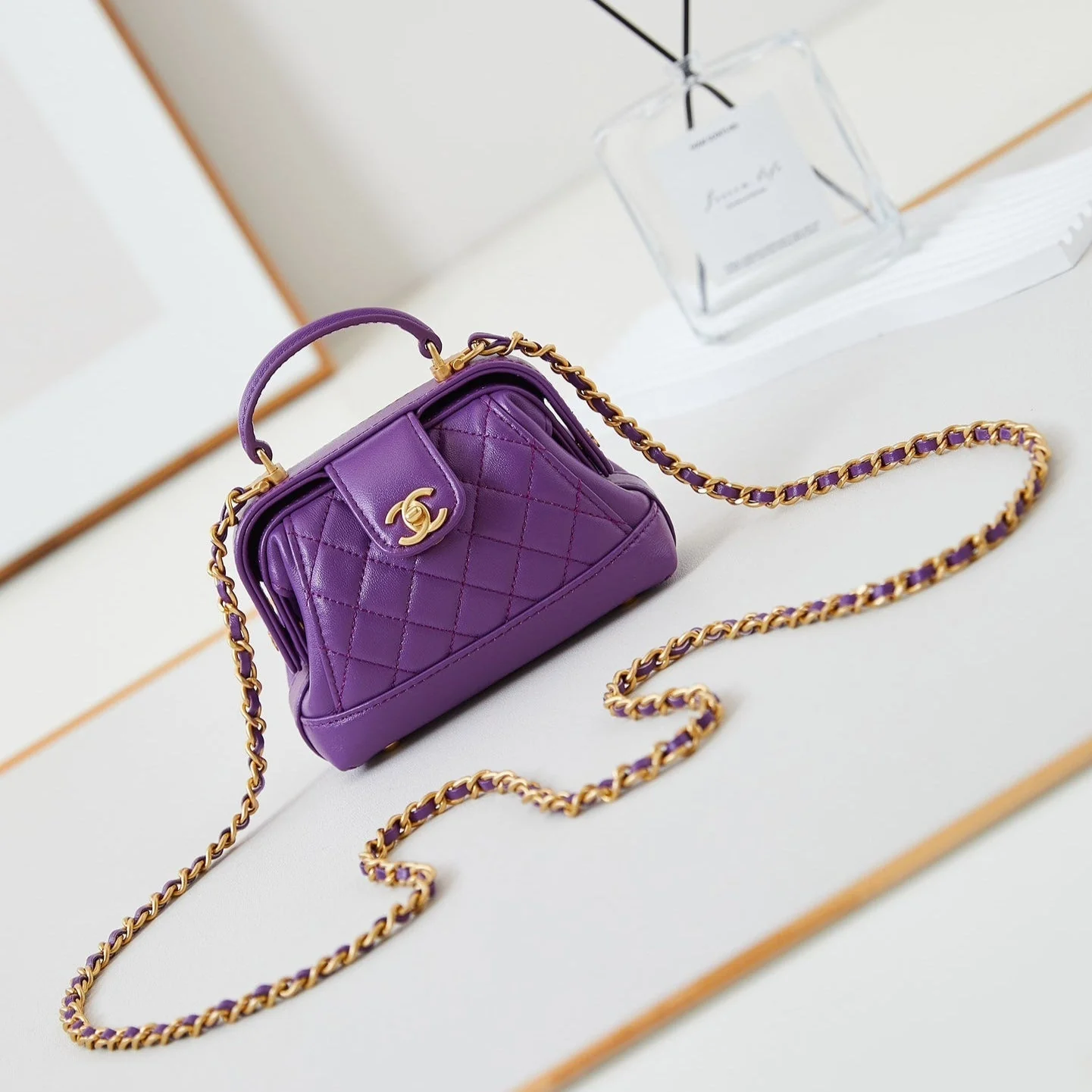 CHANEL 24A Mini Top Handle 13cm Purple Wax Leather Gold Hardware 238457